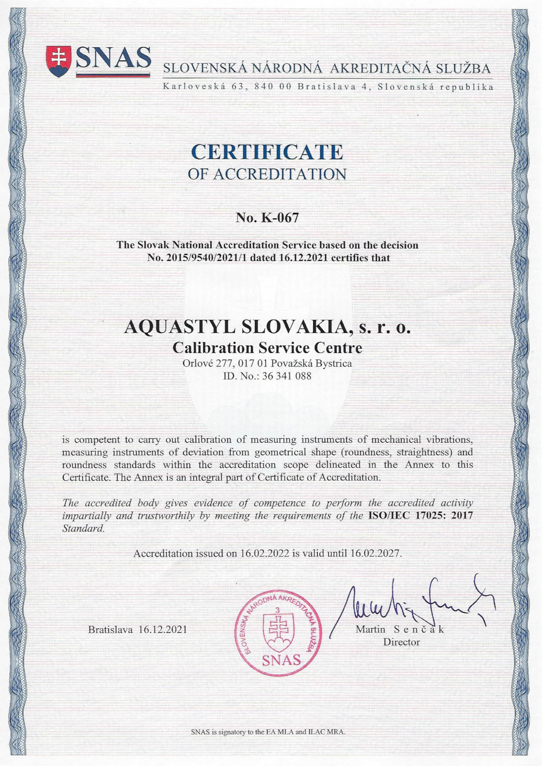 Certificate of accreditation